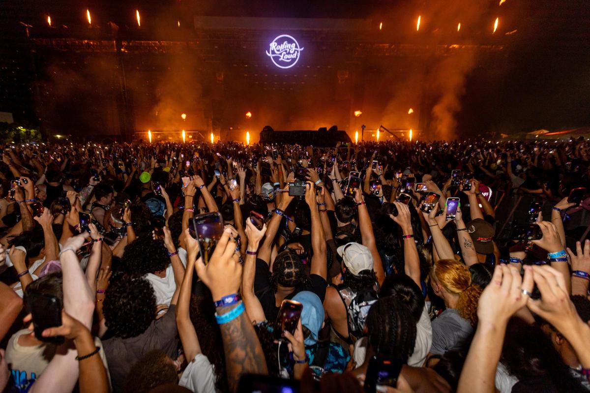 Attendees react to the music at the goPuff Mainstage during day two of Rolling loud Miami 2023 at Hard Rock Stadium in Miami Gardens, Florida, on Saturday, July 22, 2023.