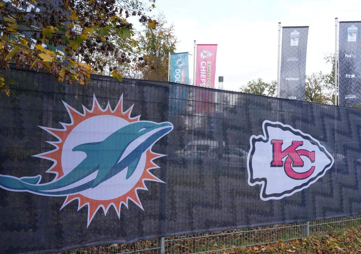 Nov 3, 2023; Frankfurt, Germany; A banner with Miami Dolphins and Kansas City Chiefs logos at Deutsche Bank Park (Waldstadion). The stadium is site of the 2023 NFL Frankfurt Games between the Dolphins and Chiefs (Nov. 5) and the New England Patriots and Indianapolis Colts (Nov. 12). Mandatory Credit: Kirby Lee-USA TODAY Sports