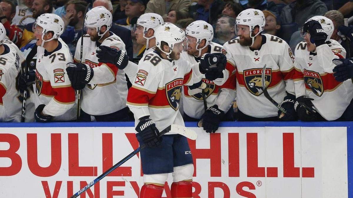 Florida Panthers forward Mike Hoffman (68) celebrates his goal during the third period of an NHL hockey game against the Buffalo Sabres, Friday, Oct. 11, 2019, in Buffalo, N.Y.