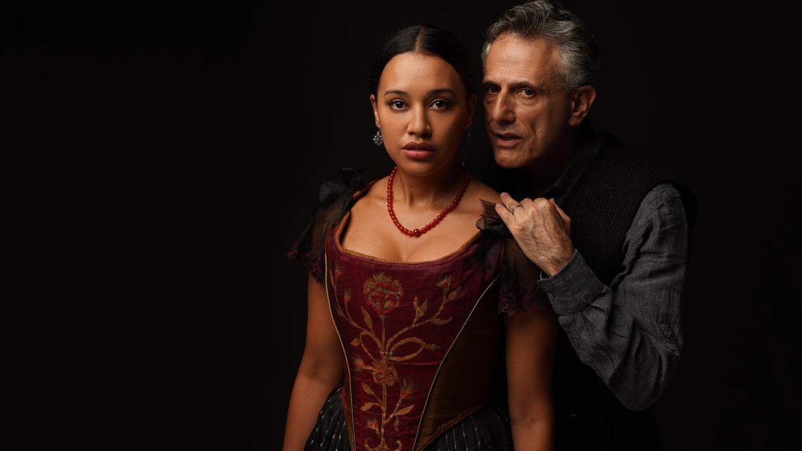 Jeanette Dilone as the famous actress La Perichole gets whispered advice from David Greenspan as Uncle Pio in Miami New Drama’s “The Bridge of San Luis Rey.”