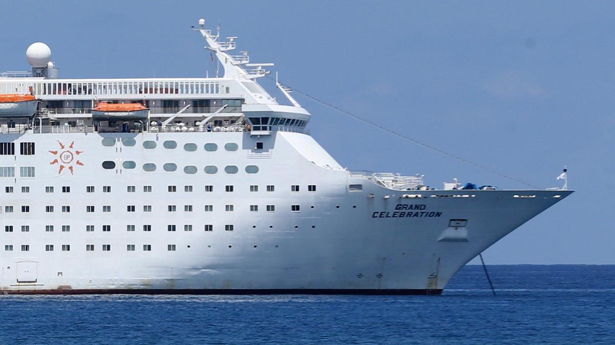 Bahamas Paradise Cruise Line Grand Celebration ship sits off the Port of Palm Beach on Aug. 6, 2020. Crew members are working on board without wages during the pandemic.