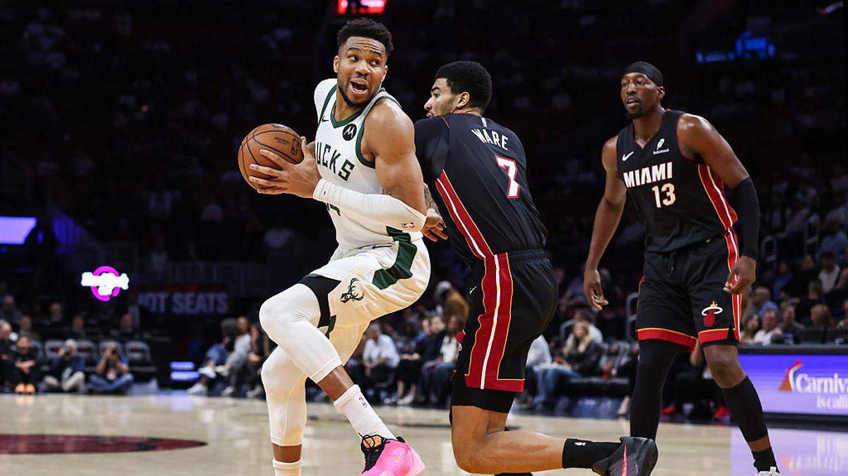 Giannis Antetokounmpo #34 of the Milwaukee Bucks drives the ball against the Miami Heat during the first quarter at Kaseya Center on March 12, 2026 in Miami.
