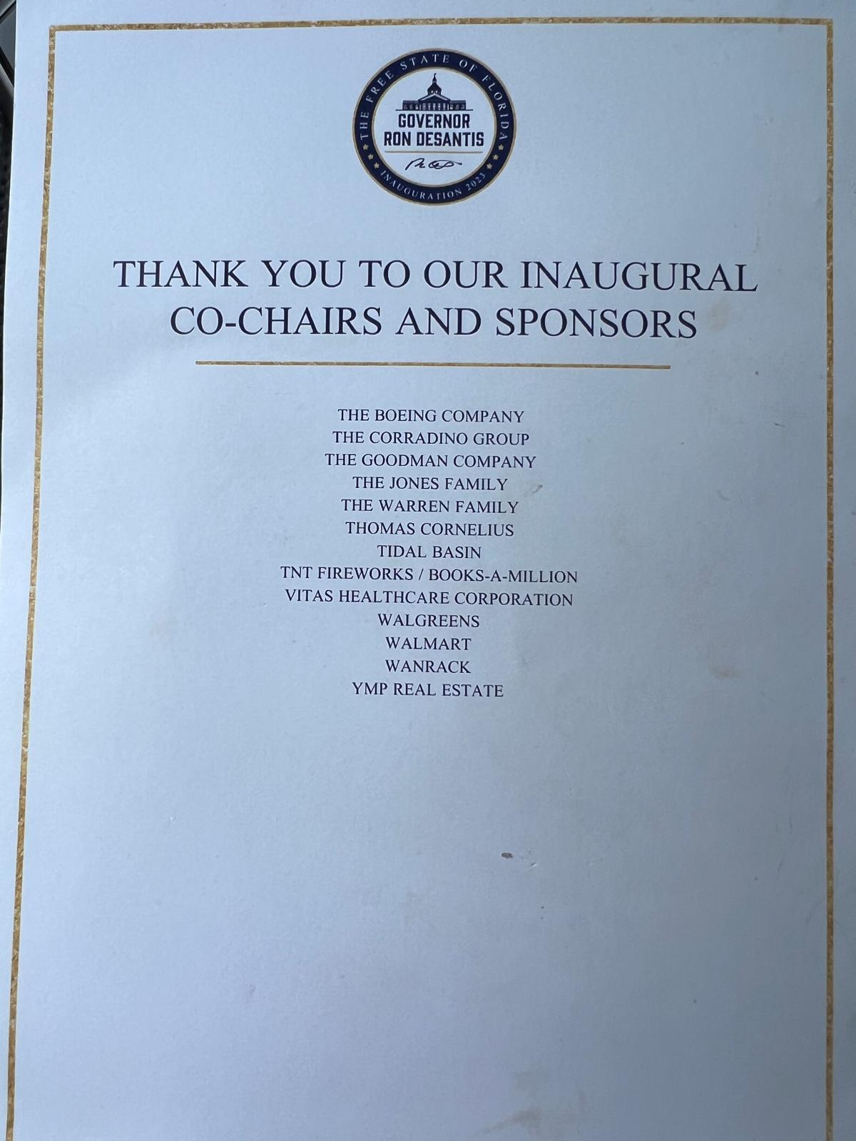 One page of the sponsor program for Gov. Ron DeSantis’ inaugural ball. The organizers would not disclose how much was raised for the Republican Party of Florida by the event but sponsors include the state’s largest businesses — from law firms and lobbying associations whose clients have obtained some of the largest contracts in state government, to tobacco companies, healthcare providers, retailers, auto dealers and insurance companies.
