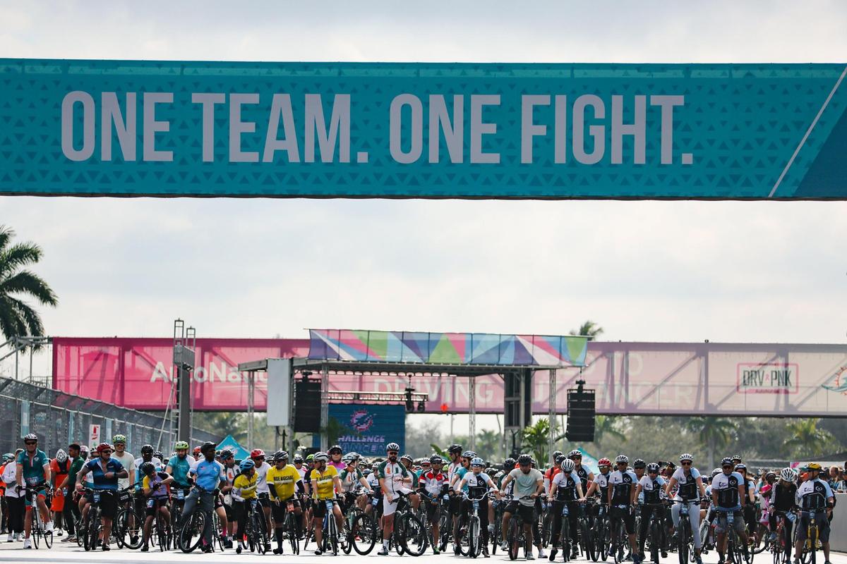 Riders wait for the start of a race during the Dolphins Challenge Cancer XIV event at Hard Rock Stadium in Miami Gardens, Florida, Saturday, February 24, 2024. The DCC unites the community with 100 percent of participant raised-funds going towards life-saving cancer research at Sylvester Comprehensive Cancer Center.
