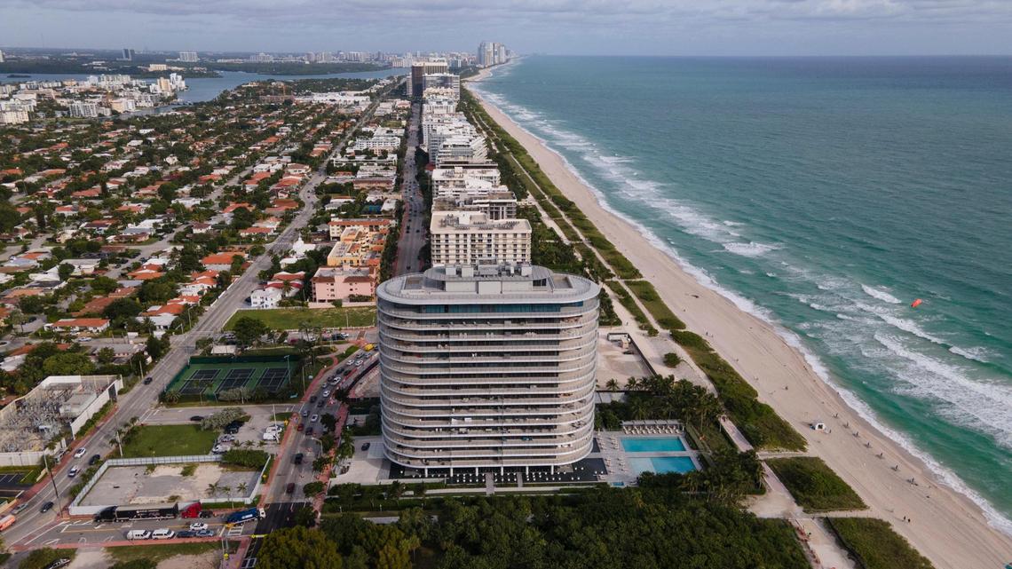 An aerial photo taken Nov. 17, 2021, shows the Eighty Seven Park building at 8701 Collins Ave. in Miami Beach, just south of the Surfside municipal line and the former site of Champlain Towers South.