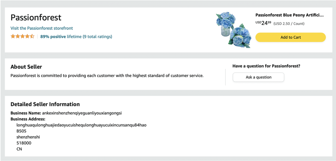 The Amazon storefront operated by PasssionForest LLC lists China as the company’s business address.