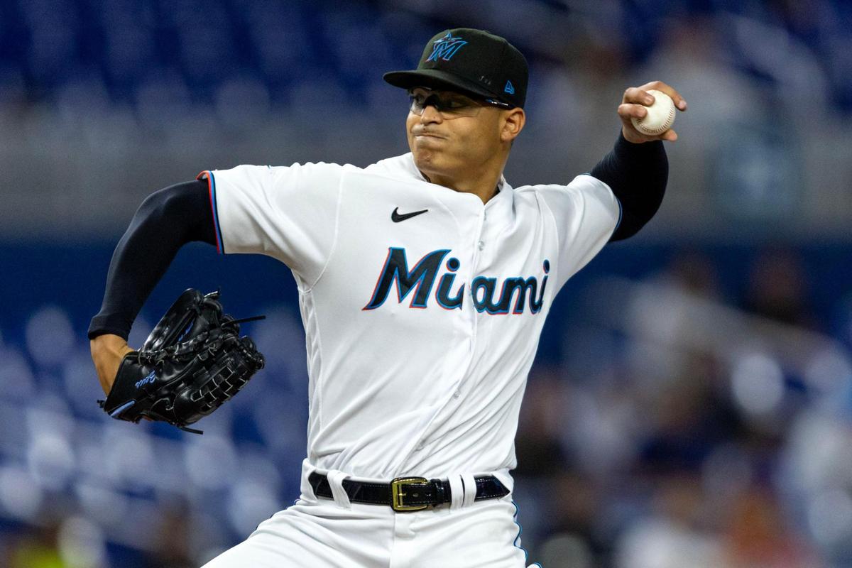Miami Marlins pitcher Jesus Luzardo (44) throws the ball during the first inning of an MLB game against the Washington Nationals at loanDepot park in the Little Havana neighborhood of Miami, Florida, on Tuesday, May 16, 2023.