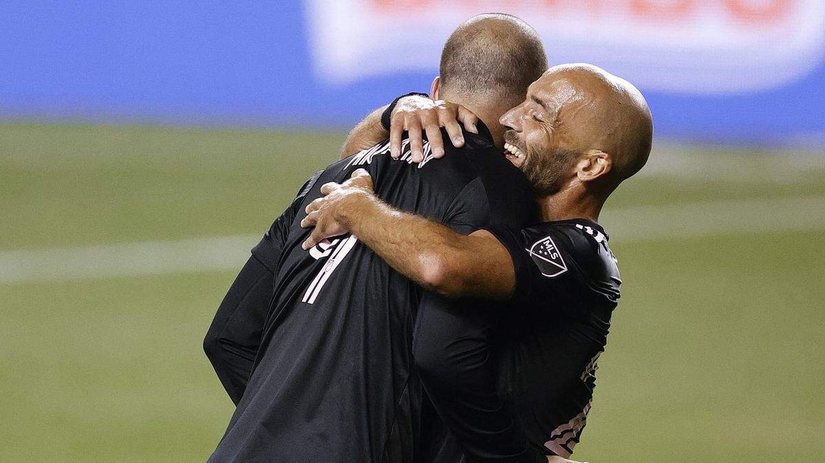 Gonzalo Higuain #9 and Federico Higuain #22 of Inter Miami CF embrace after defeating Philadelphia Union at Subaru Park on April 24, 2021 in Chester, Pennsylvania. Their mother, Nancy Zacarias, died of cancer two days later.