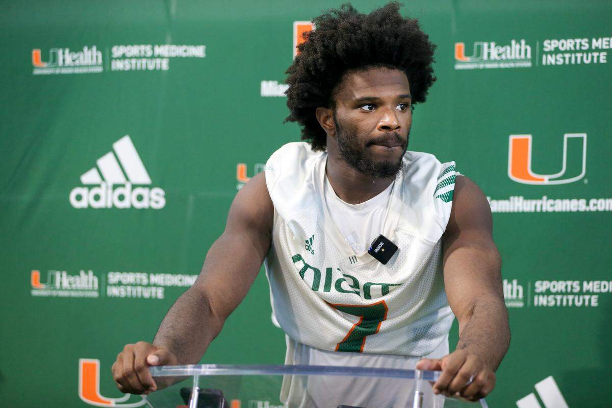 Miami Hurricanes cornerback Al Blades Jr. (7) talks to reporters during a press conference after football practice at the University of Miami campus in Coral Gables, Florida, Tuesday, August 23, 2022.