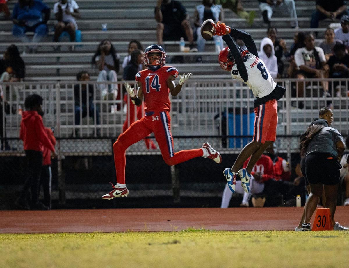American’s Derrick Bromell (6) blocks the pass intended for Miramar’s Eric Nelson (14) during the third quarter of a playoff game between American and Miramar on Thursday, Nov. 9, 2023, at Miramar High School.