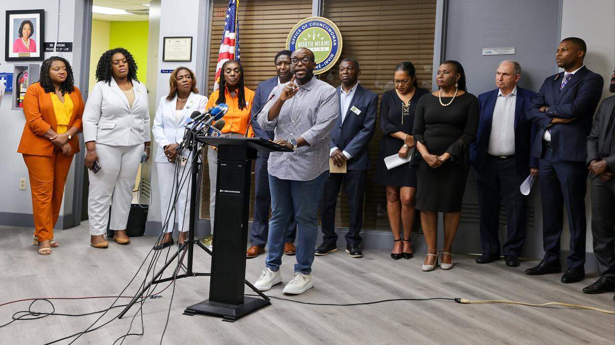 Florida state Sen. Shevrin Jones speaks at a press conference Monday in North Miami to urge the Trump administration reverse the removal of TPS for Haitians.