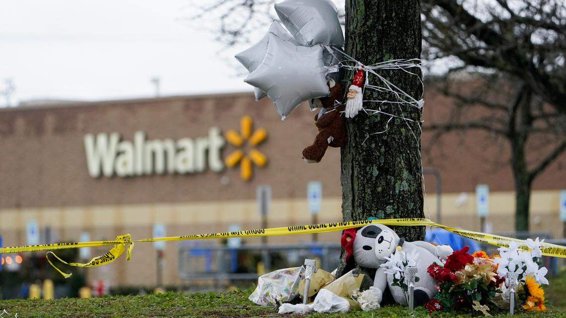 A memorial is seen in the parking lot of the Walmart in Chesapeake, Virginia, on Sunday, Nov. 27. Six people were killed when a manager opened fire at the store with a handgun on Nov. 22, police said.