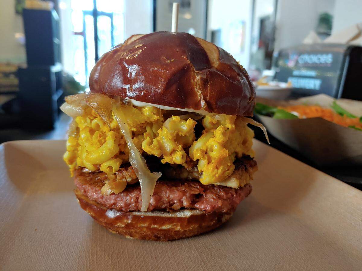 The Beyond Mac burger. Yes, that is macaroni and cheese on that burger.