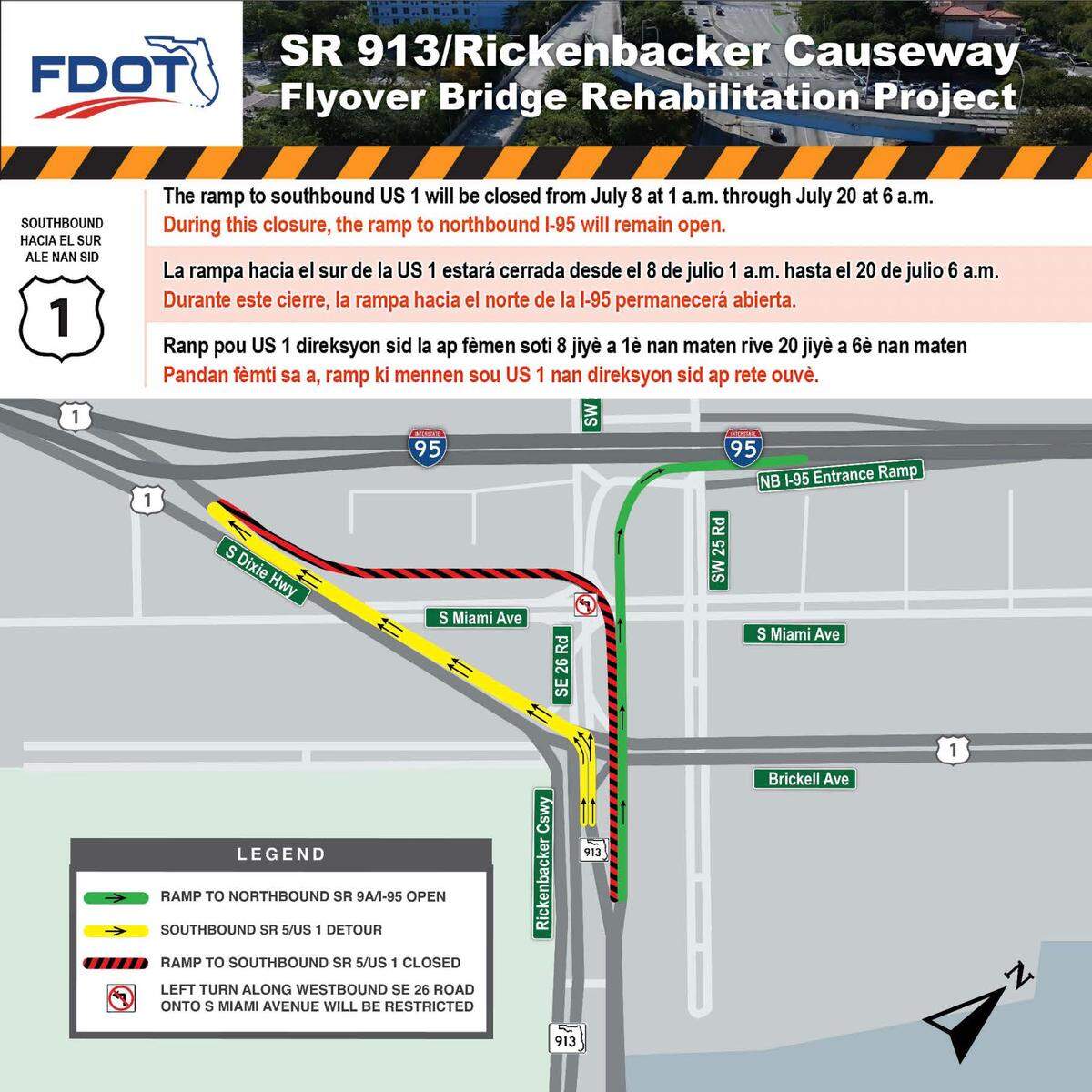Map of the detours and alternate routes during the Rickenbacker Causeway southbound ramp closure, July 2024.