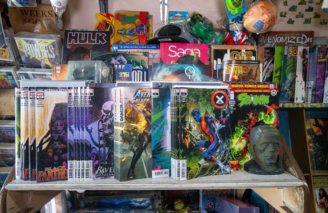 A display of comic books at A&M Comics & Books, at 6650 Bird Road in Miami.
