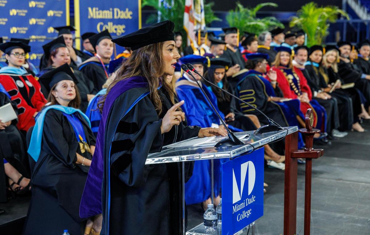 Keynote speaker Reshma Saujani, founder of Girls Who Code, addresses students and faculty during Miami Dade College’s North, Hialeah and West Campuses 2025 commencement ceremonies at LoanDepot Park, in Miami on Saturday, April 26, 2025.