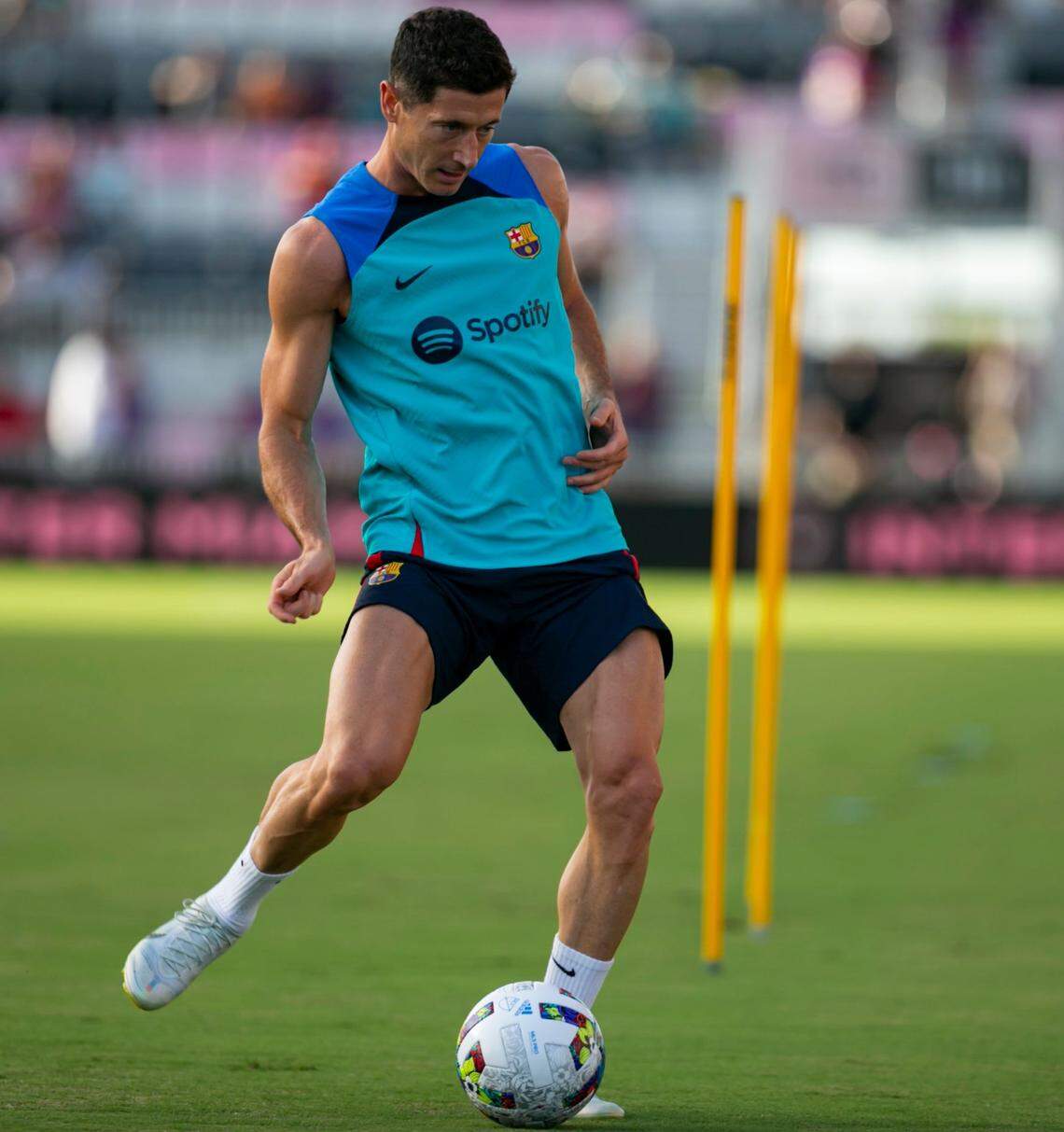 FC Barcelona forward Robert Lewandowski warms up before his friendly soccer match against Inter Miami CF at DRV PNK Stadium on Tuesday, July 19, 2022, in Fort Lauderdale, Fla.