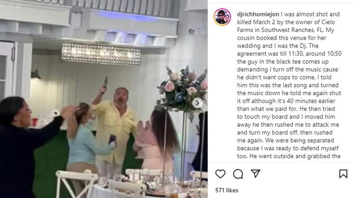 A video still from the Instagram video post on the @djrichhomiejon account shows a man waving a gun around at a wedding reception.