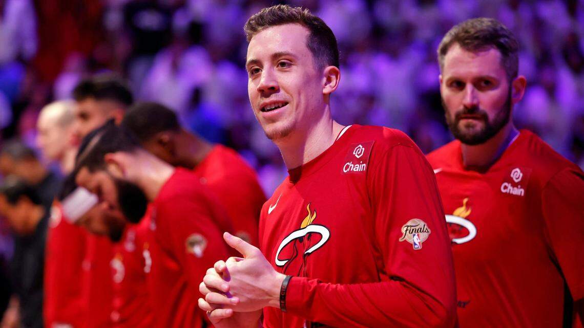 Miami Heat forward Duncan Robinson (55) with teammates before the start of the game against the Denver Nuggets in Game 4 of the NBA Finals at the Kaseya Center in downtown Miami, Fla. on Friday, June 9, 2023.