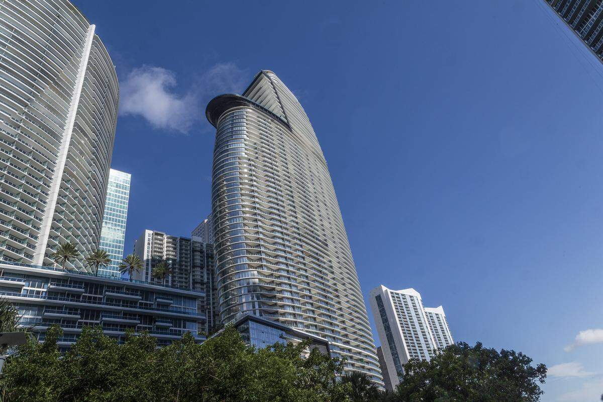 View of the Aston Martin Residences building located at 300 Biscayne Blvd Way, Miami, FL, on Tuesday, December 30, 2025.