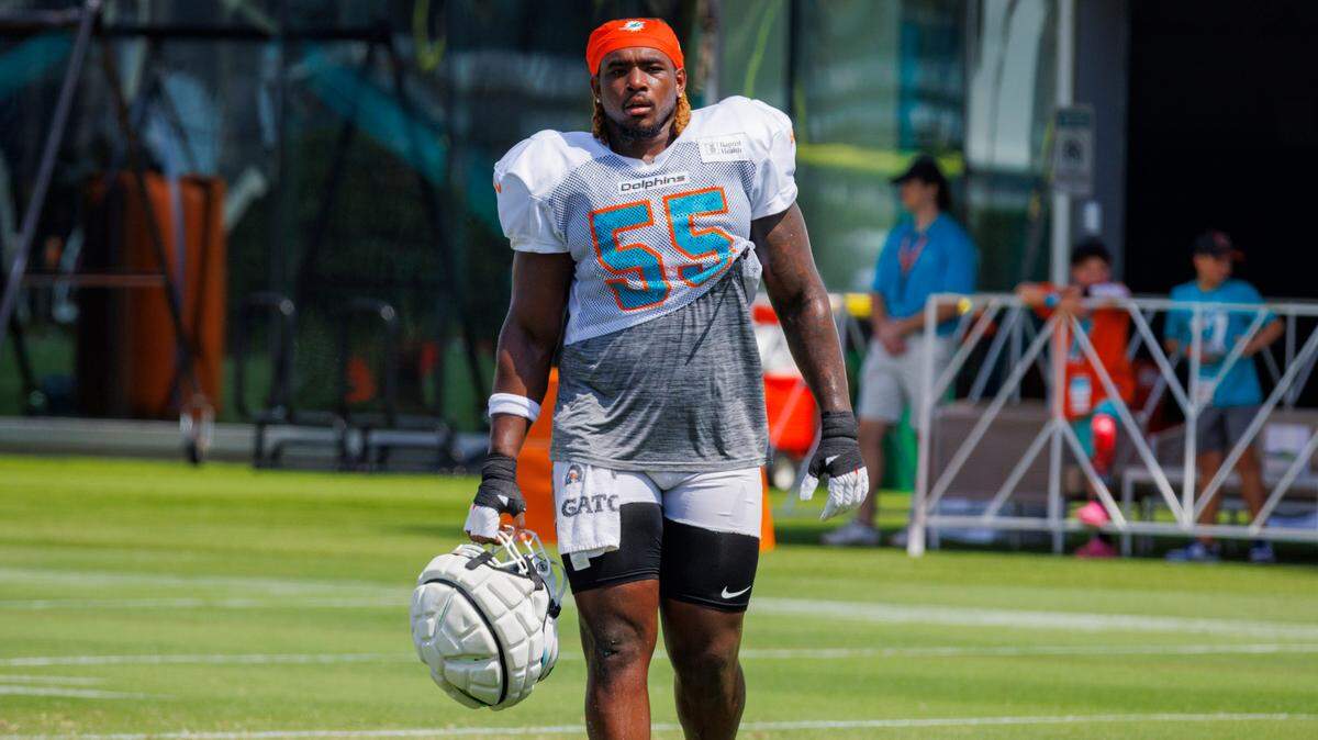 Miami Dolphin’s offensive lineman Aaron Brewer (55) walks off the field during Miami Dolphins Training Camp on Monday, July 29, 2024, at Baptist Health Training Complex in Miami Gardens.