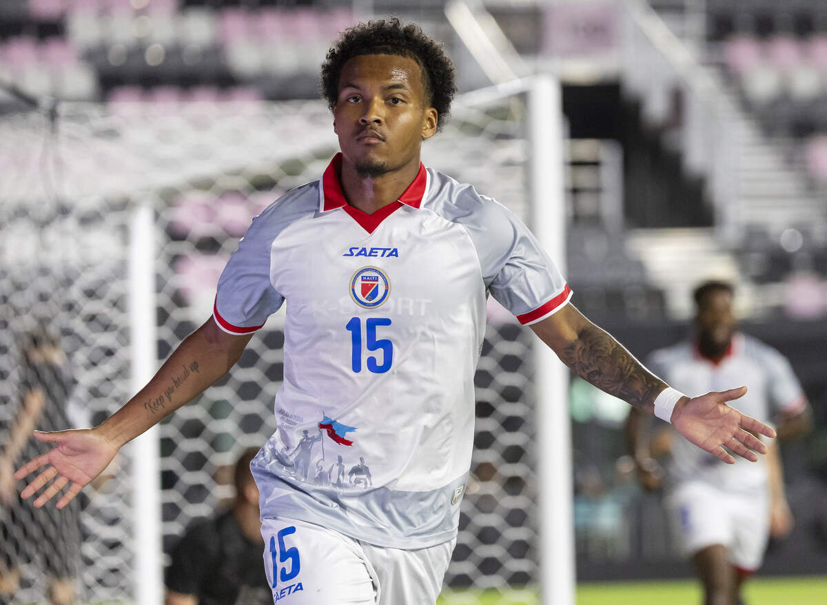 Haiti forward Ruben Providence (15) reacts after scoring a goal against New Zealand goalkeeper Alex Paulsen (12) in the first half of their friendly soccer match on Tuesday, June 2, 2026, in Fort Lauderdale, Fla.