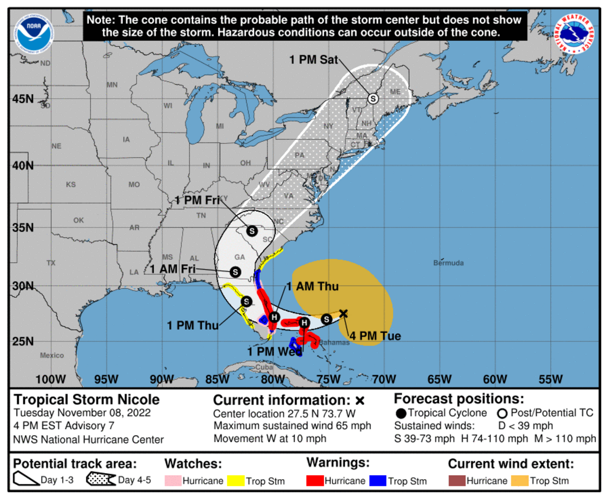Tropical Storm Nicole is expected to make landfall between late Wednesday night and early Thursday morning as a Category 1 hurricane, according to the National Hurricane Center.