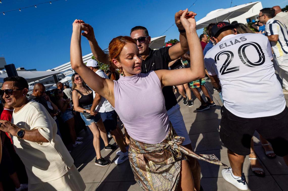 Dancing salsa at Sunset Club Rooftop Restaurant and Lounge in Hollywood.