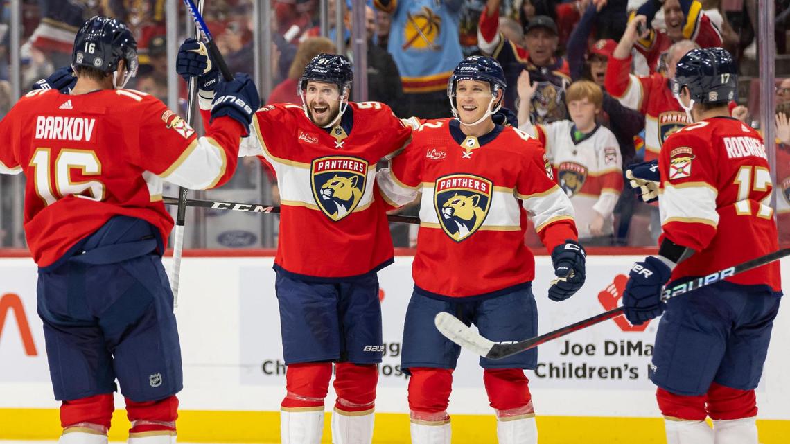 Florida Panthers defenseman Oliver Ekman-Larsson (91) celebrates with his teammates after scoring a goal against the Toronto Maple Leafs in the first period of their NHL game at the Amerant Bank Arena on Thursday, Oct. 19, 2023, in Sunrise, Fla.