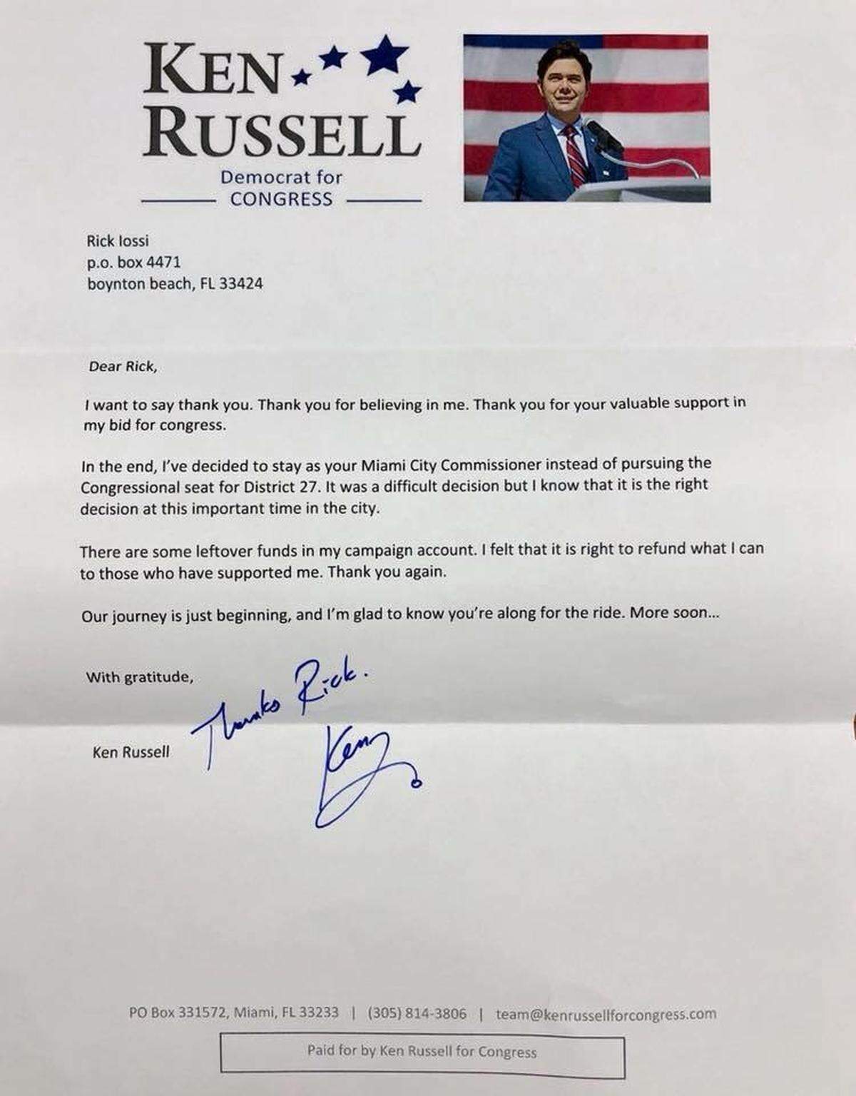 Rick Iossi got this letter from Miami Commissioner Ken Russell when Russell dropped out of the race for Florida’s 27th congressional district.