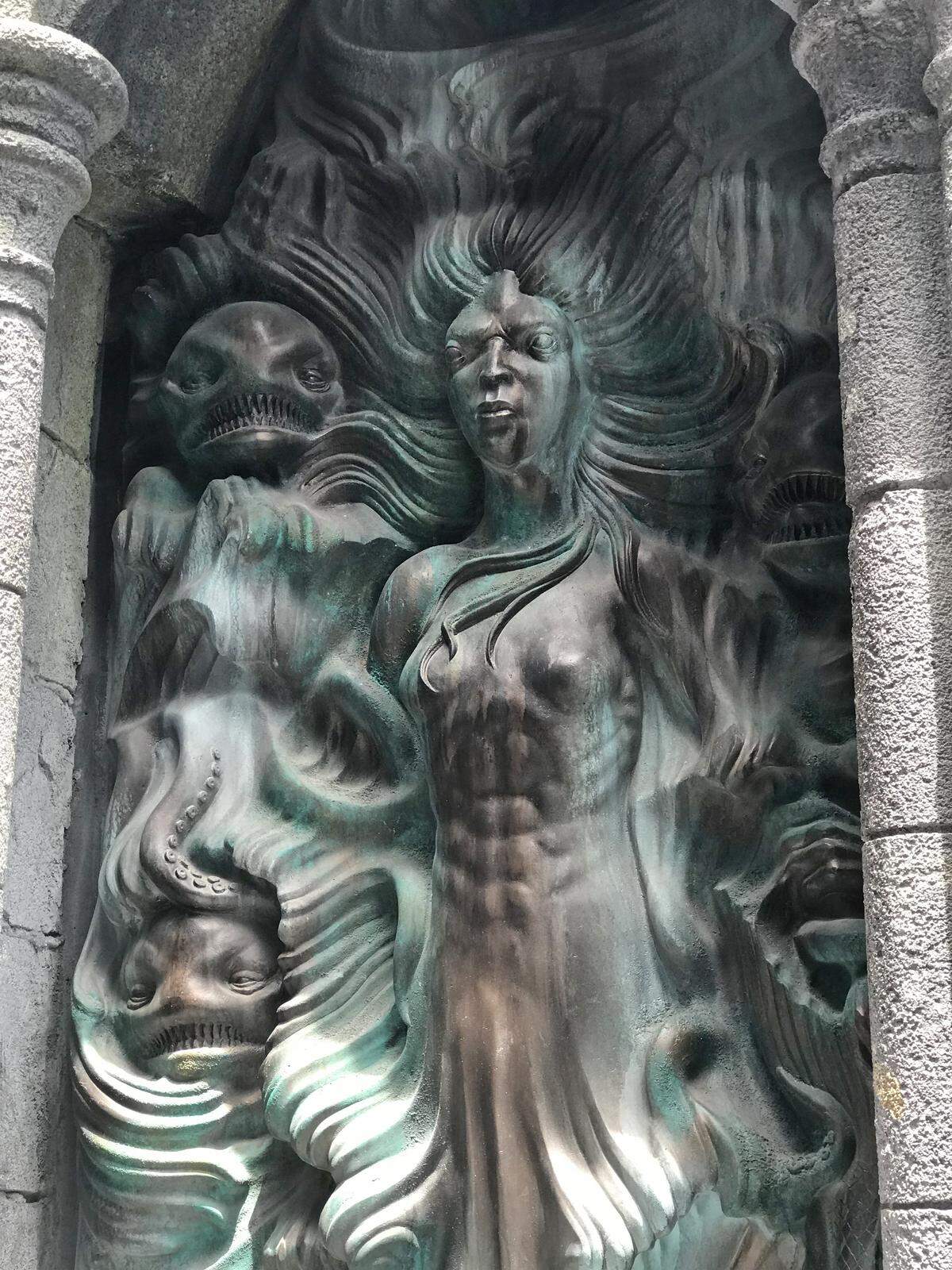 Stone carving at the entrance to the ruins where Hagrid’s roller coaster -- his Magical Creatures Motorbike Adventure -- runs.