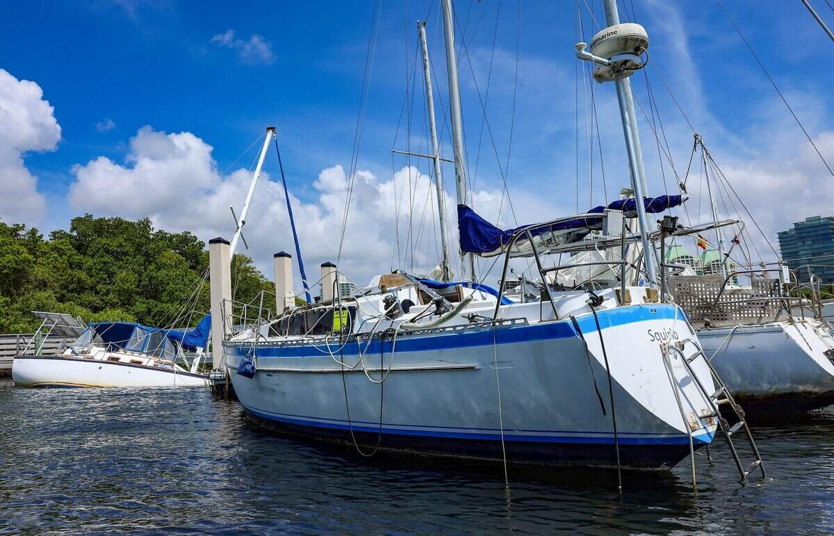 Un barco abandonado flota junto a los pilotes, mientras otro se encuentra sumergido y volcado de costado en el puerto deportivo Dinner Key de Coconut Grove, el jueves 18 de junio de 2026.