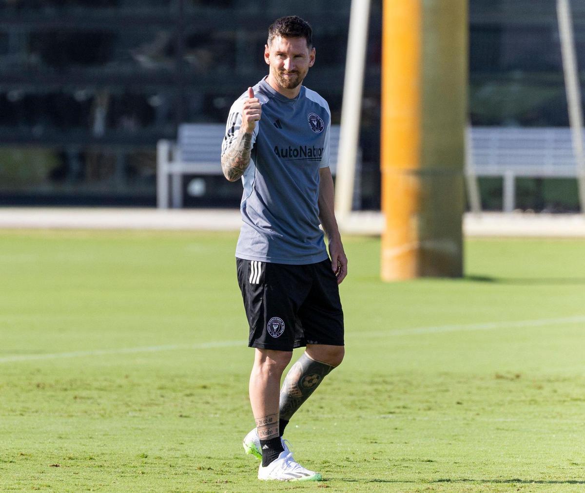 Inter Miami forward Lionel Messi (10) reacts during a team practice session at the Florida Blue Training Center on Tuesday, July 18, 2023, in Fort Lauderdale, Fla.