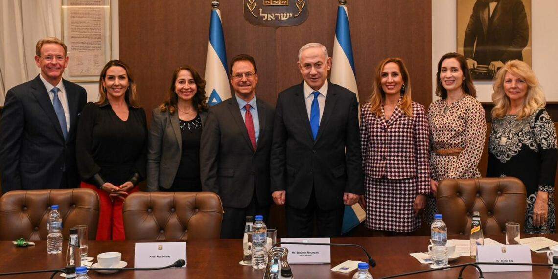 Mario Bramnick (center left), a leader in the New Apostolic Reformation, meets with Prime Minister Benjamin Netanyahu along with other and other evangelical faith leaders in Jerusalem in March 2024.