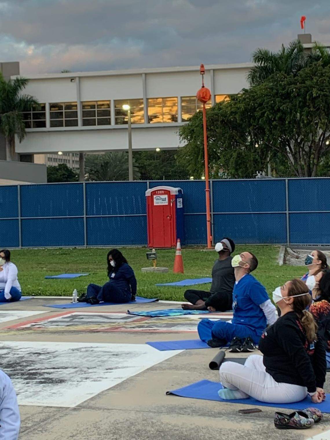 Kula for Karma, a national organization that offers yoga, meditation, and stress management programs in hospitals, schools and other institutions, has been offering sessions at Mount Sinai Medical Center in Miami Beach and at Jackson Memorial Hospital.&nbsp; Here, a session is being held at Jackson.