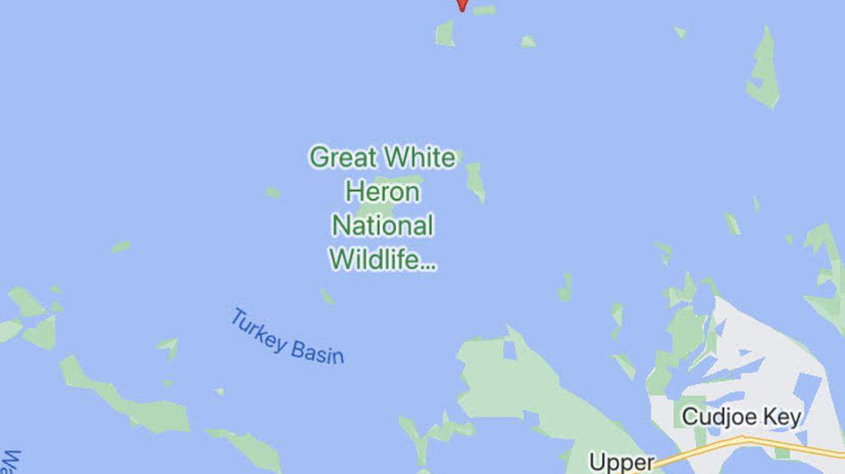 A red dot marks the location of Sawyer Key, a small, uninhabited island in the Florida Keys where the Department of Health said the presence of a red tide bloom was detected Tuesday, March 14, 2023.