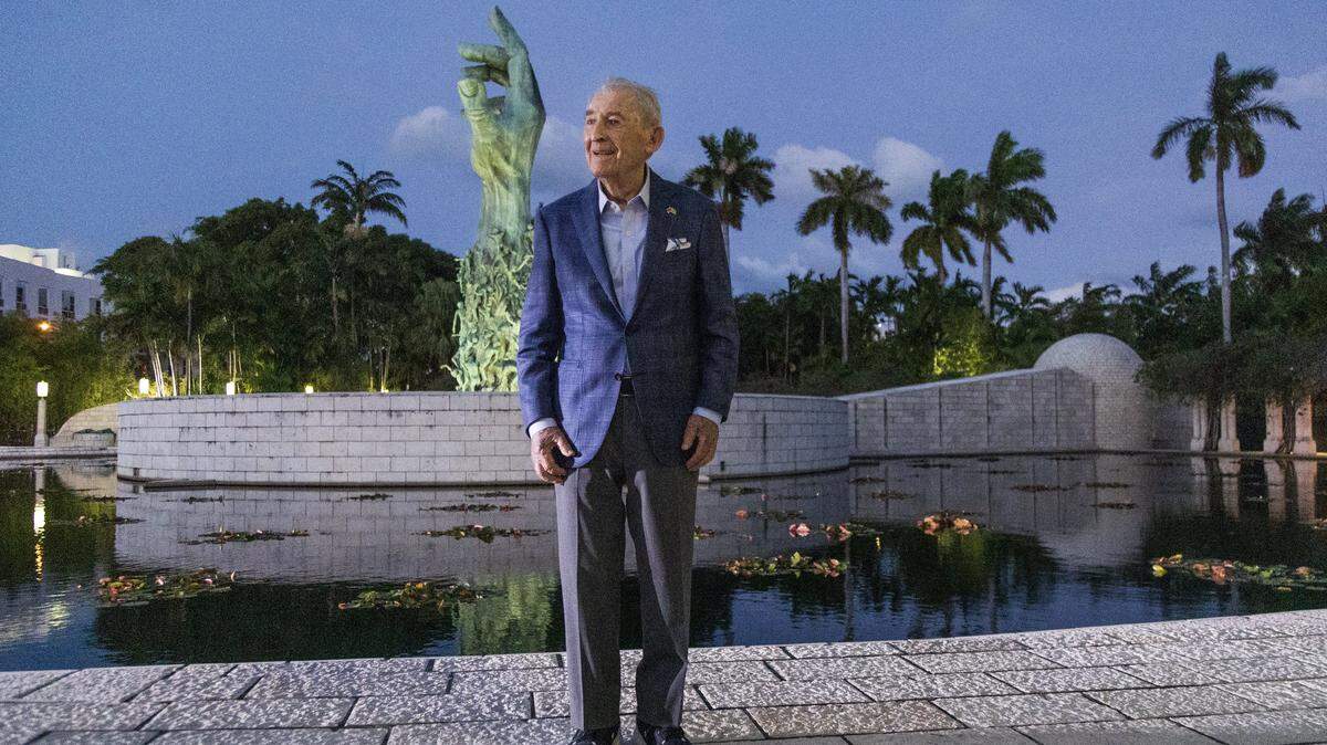 Holocaust survivor David Schaecter, stands by the monument at the Holocaust Memorial Miami Beach where the Jewish community of South Florida commemorated the 85th anniversary of Kristallnacht, The Night of Broken Glass on Nov. 5, 2023. He was also there in memory of the Israelis that were murdered in the Hamas terror attacks that began on Oct. 7, 2023.