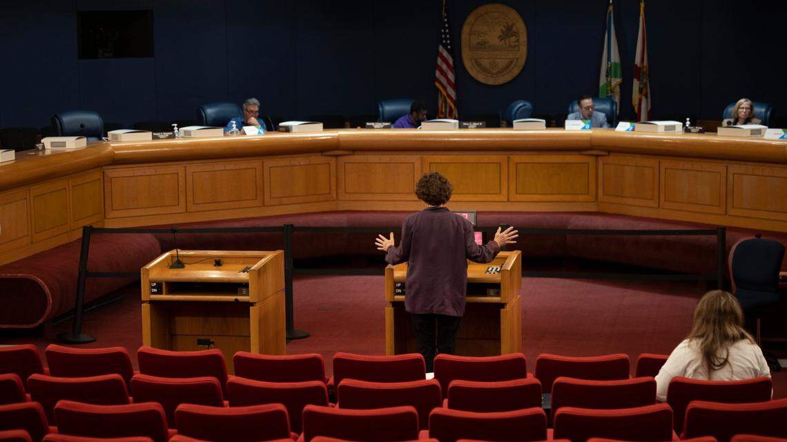 Jeanne Baker speaks during the public comment section of the Miami-Dade County Independent Civilian Panel (ICP) meeting in a virtually empty chamber on Tuesday, Sept. 26, 2023, at the Stephen P. Clark Government Center.