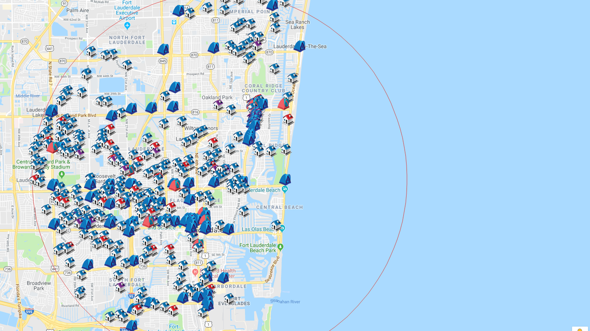 Fort Lauderale has about 800 registered sex offenders, according to the Florida Department of Law Enforcement, which tracks sex offenders and predators. The houses and tents indicate places offenders live.