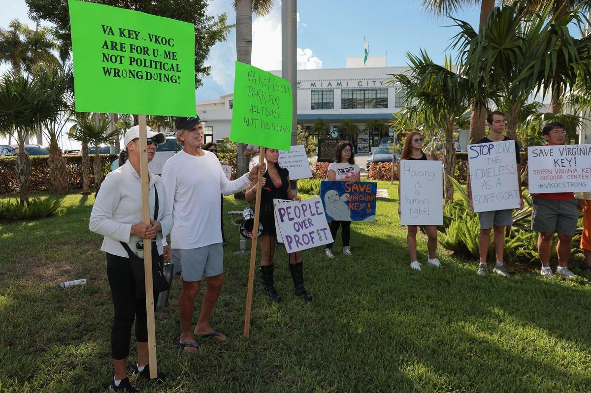 Protesters gathered outside Miami City Hall Tuesday during a “stop the homeless encampment project.” The city has approved a plan to build 50 to 100 tiny homes on Virginia Key but it’s not yet clear if it will go forward.
