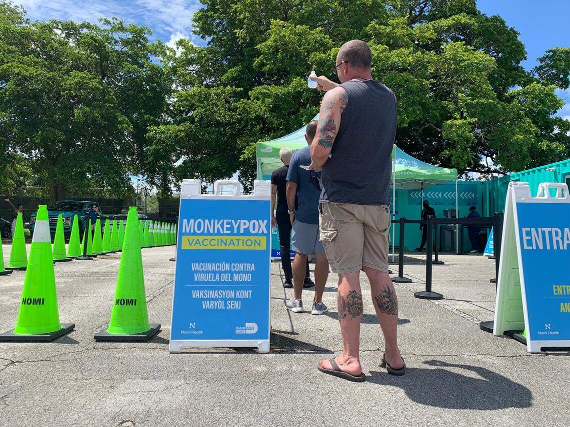 Patients who had appointments line up at Tropical Park’s monkeypox vaccination site at noon on the first day Miami-Dade opened a Nomi vaccination site at the park to offer the Jynneos vaccine on Aug. 12, 2022.