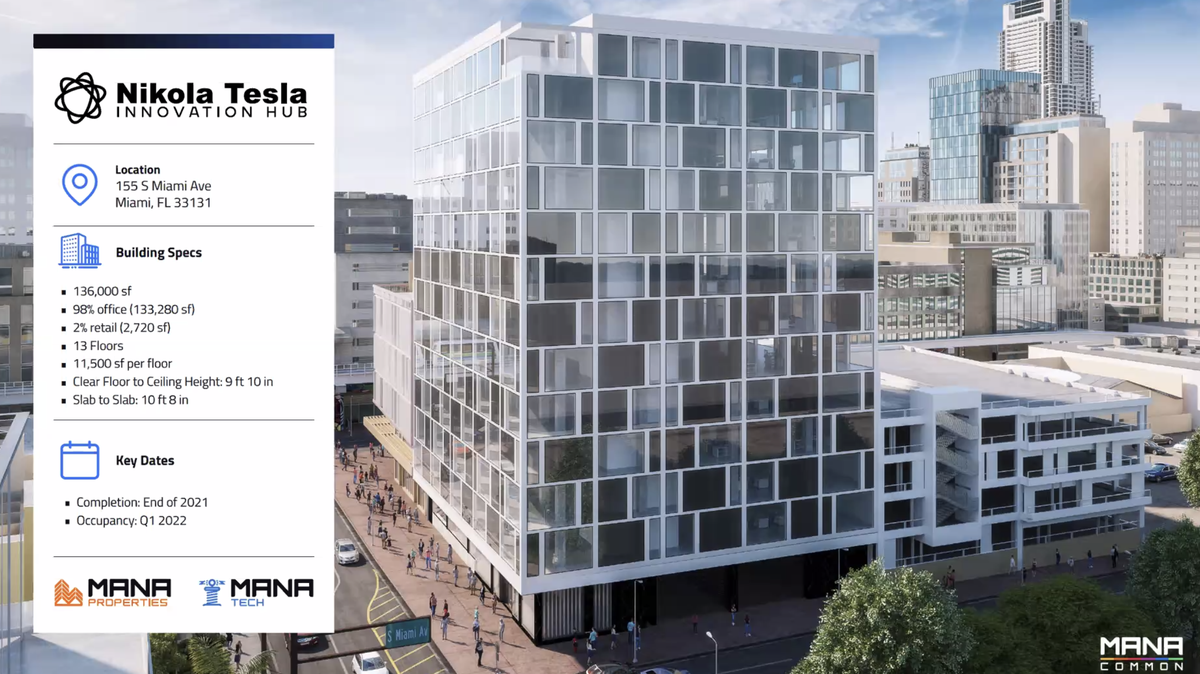 A rendering of Moishe Mana’s Tesla innovation hub, for which recently broke ground downtown as part of his planned Flagler District, designed by ZYSCOVICH.