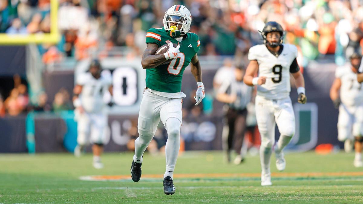 Miami Hurricanes defensive back Mishael Powell (0)scores on an interception against the Wake Forest Demon Deacons in the first half of their NCAA game in Miami Gardens, Florida, on Saturday, November 23, 2024.