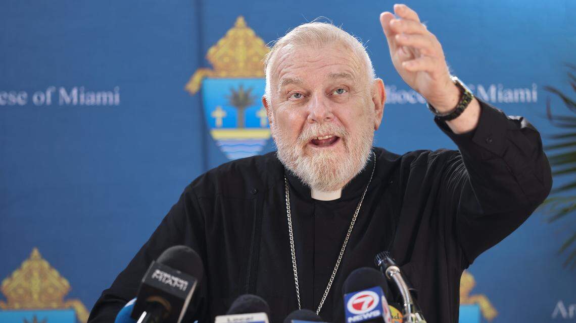 Archbishop Thomas Wenski, left, advocates for the continuing TPS for Haitians as the American Business Immigration Coalition held a press conference to urge President Trump and his administration not to rescind Temporary Protected Status for Haitians on the February 3rd, on Tuesday, January 27, 2026, in Miami, Florida. 