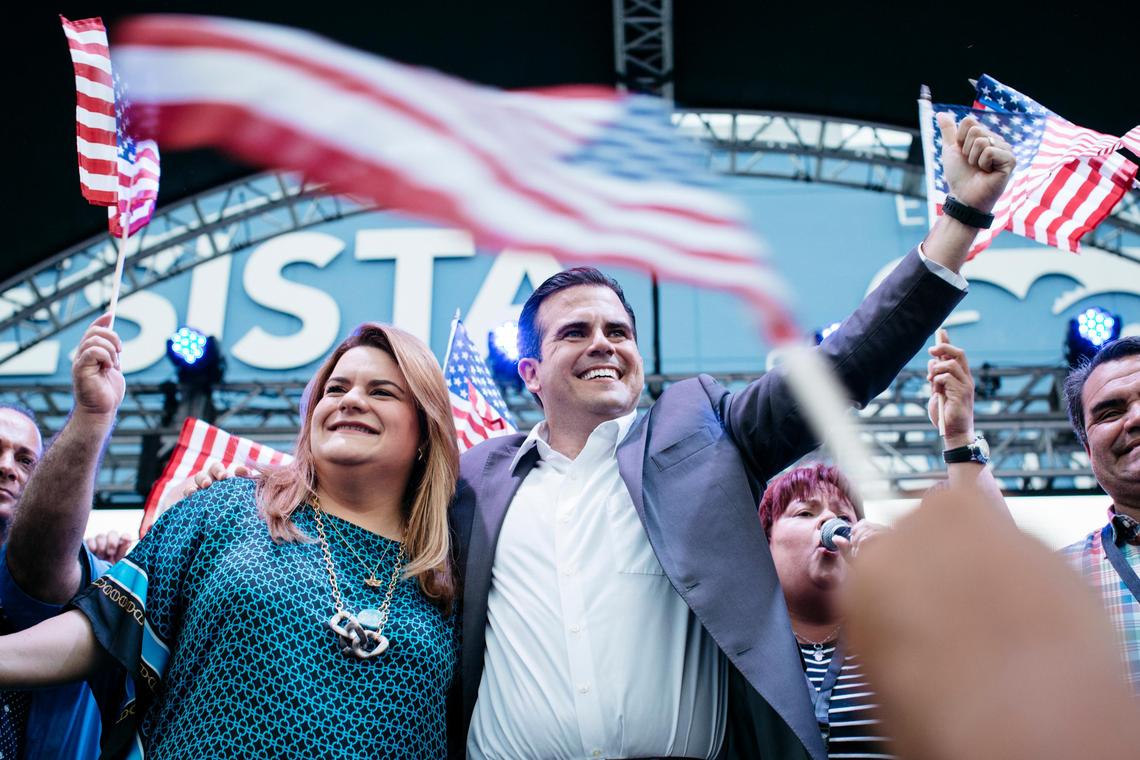 FILE — Gov. Ricardo Rosselló of Puerto Rico and Jennifer Gonzalez, the island territory’s resident commissioner in Congress, celebrate the results of a referendum in San Juan, June 11, 2017. With their island devastated by Hurricane Maria and treated like a foreign competitor in the new tax law, Puerto Rican leaders are intensifying their push to be recognized as a state. (Erika P. Rodriguez/The New York Times)