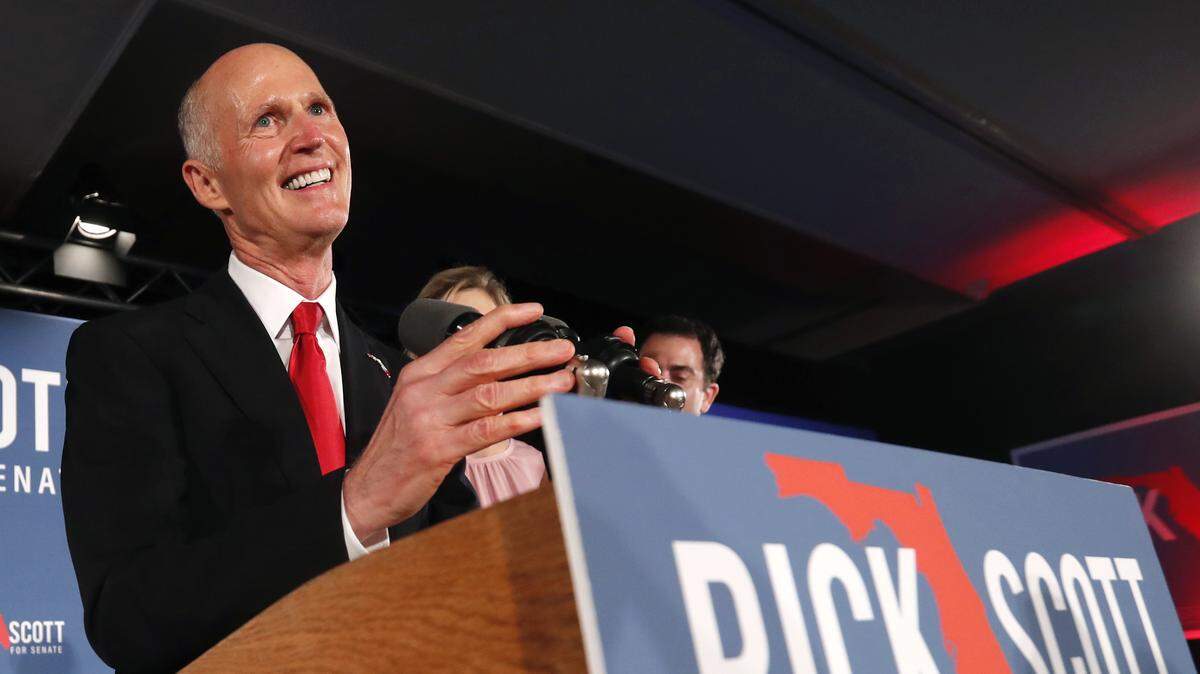 Gov. Rick Scott speaks to supporters at an election watch party in Naples, Fla., Nov. 7, 2018.