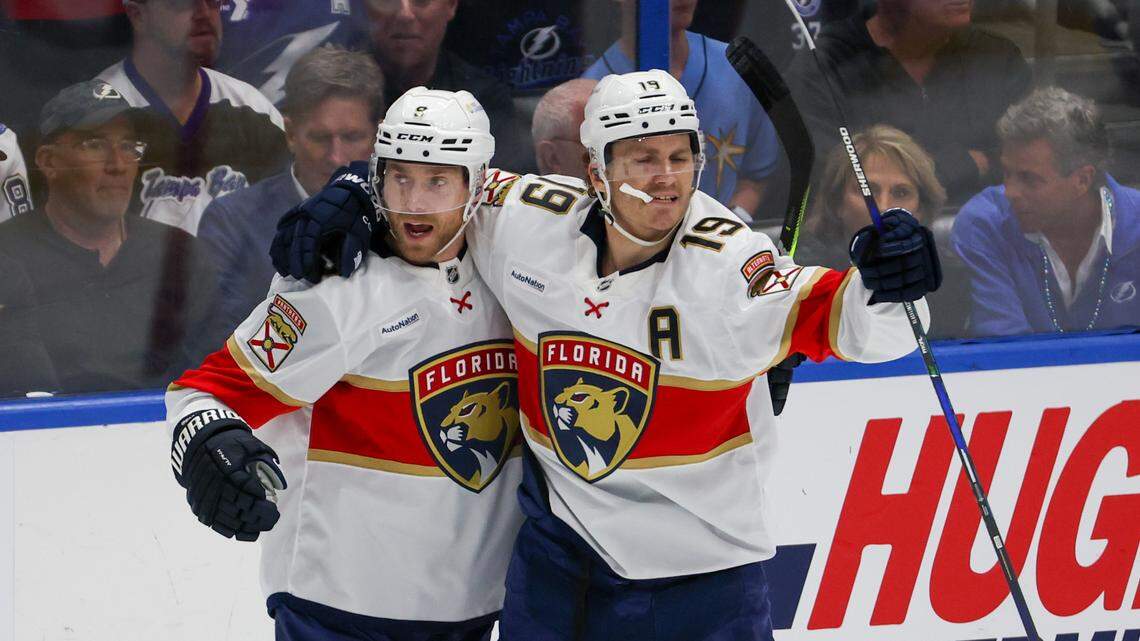 Florida Panthers left wing Matthew Tkachuk (19) skates over to celebrate the goal of Florida Panthers center Sam Bennett (9) during the first period in game one of the first round of the Stanley Cup Playoffs on Tuesday, April 22, 2025 in Tampa.