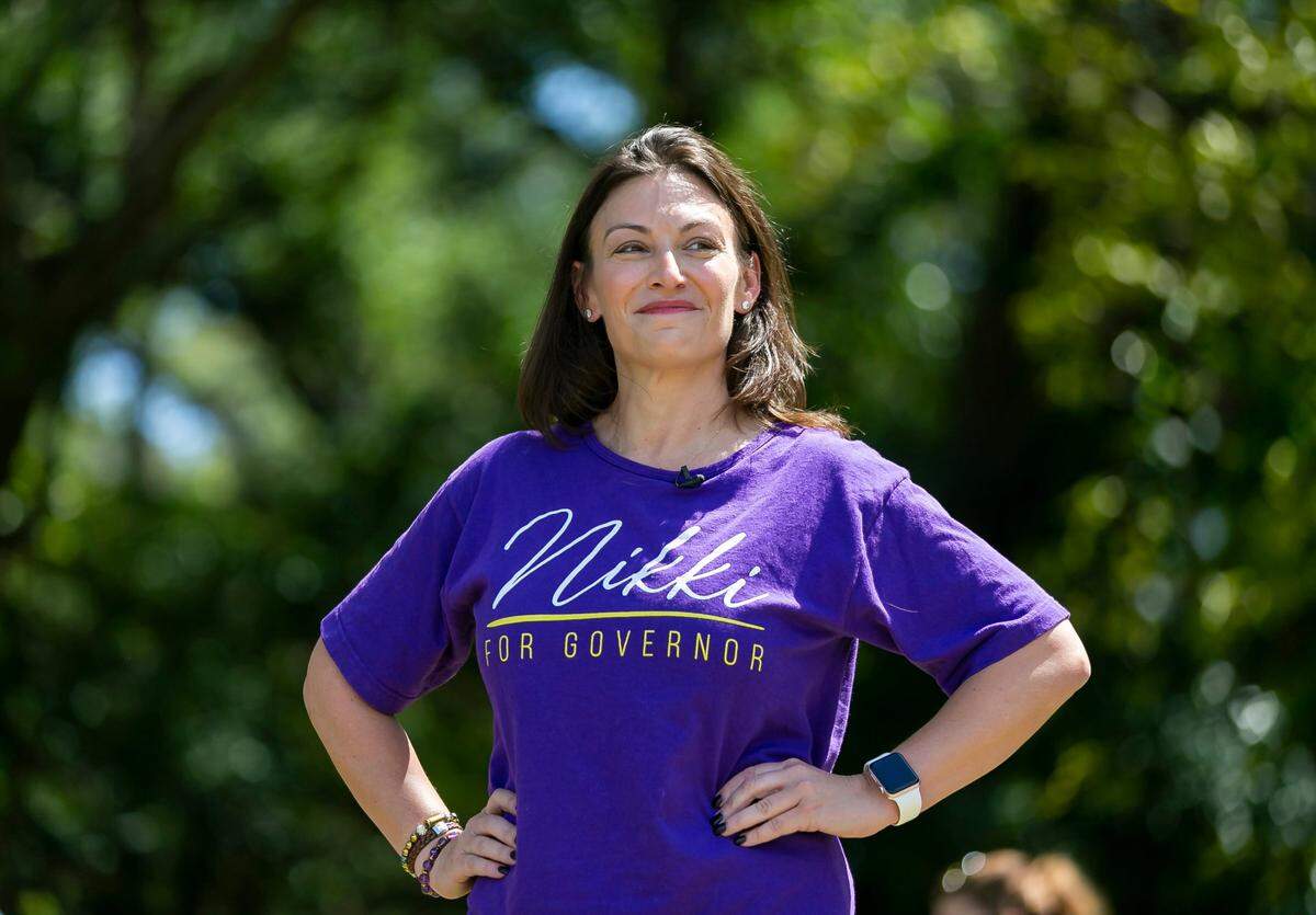 Nikki Fried, commissioner of Agriculture and Florida gubernatorial candidate, attends the Bans Off Our Bodies rally at Ives Estates Park in Miami, Florida on Saturday, May 14, 2022.