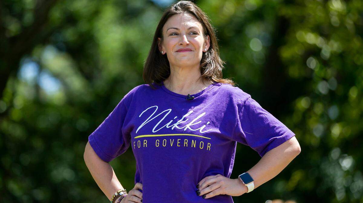 Nikki Fried, Florida’s 12th Commissioner of Agriculture and Florida gubernatorial candidate, attends the Bans Off Our Bodies rally at Ives Estates Park in Miami, Florida on Saturday, May 14, 2022. The rally was held in opposition of the leaked draft opinion from SCOTUS which aims to overturn Roe v. Wade, removing womens constitutional right to an abortion.