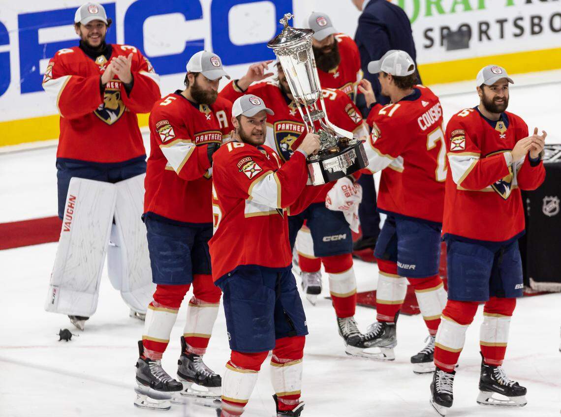 Florida Panthers center Aleksander Barkov (16) holds the Prince of Wales Trophy after defeating the Carolina Hurricanes 4 to 3 in Game 4 of the NHL Stanley Cup Eastern Conference finals series at the FLA Live Arena on Wednesday, May 24, 2023 in Sunrise, Fla.